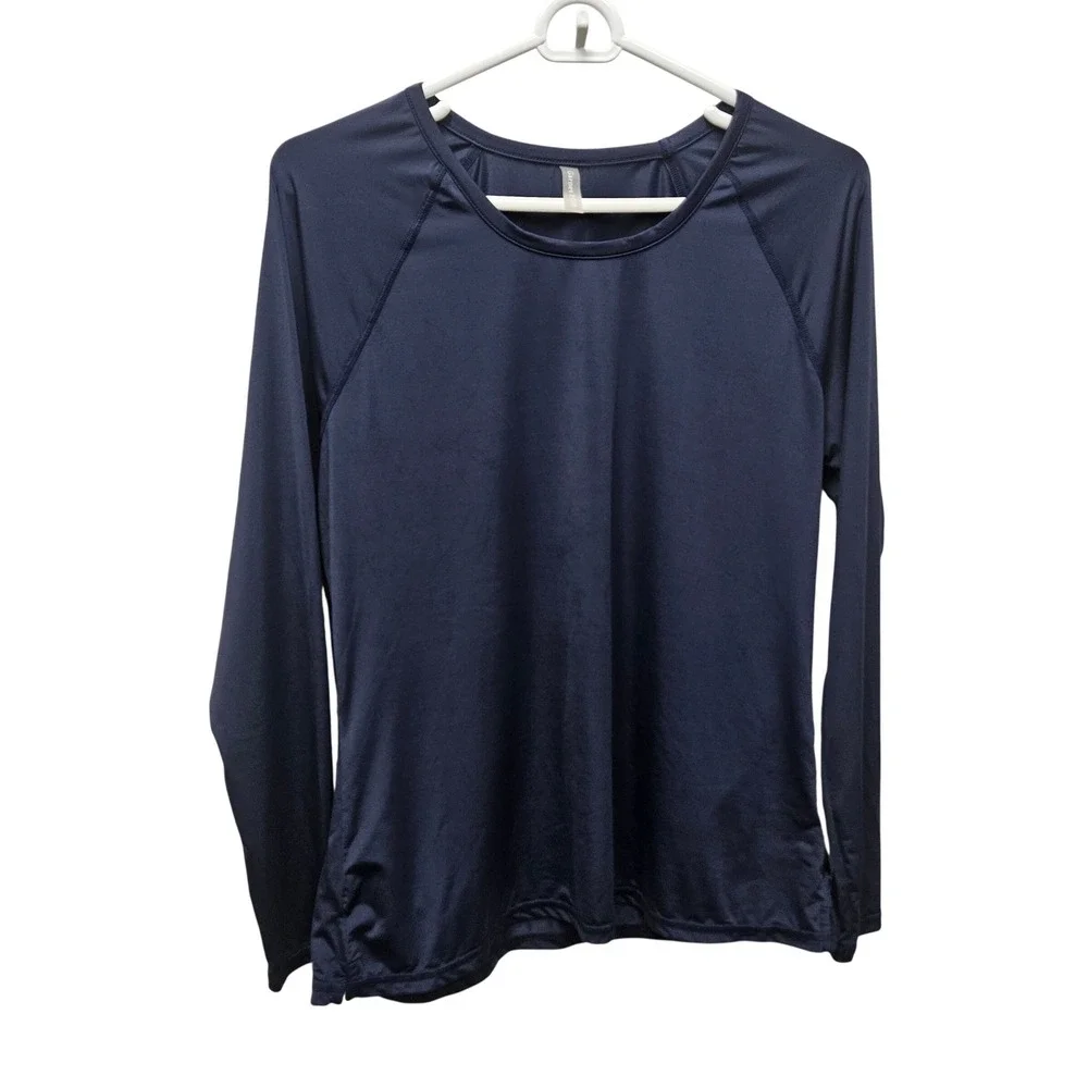 Garnet Hill Swim Rash Guard Women L Navy Blue Long Sleeve Raglan Athletic Top
